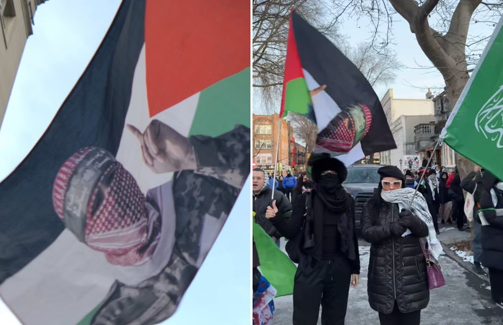 Flags depicting Hamas's al-Qassam Brigades spokesperson Abu Obaida were flown at anti-Israel ceasefire protests in Philadelphia, PA and Brooklyn, NY